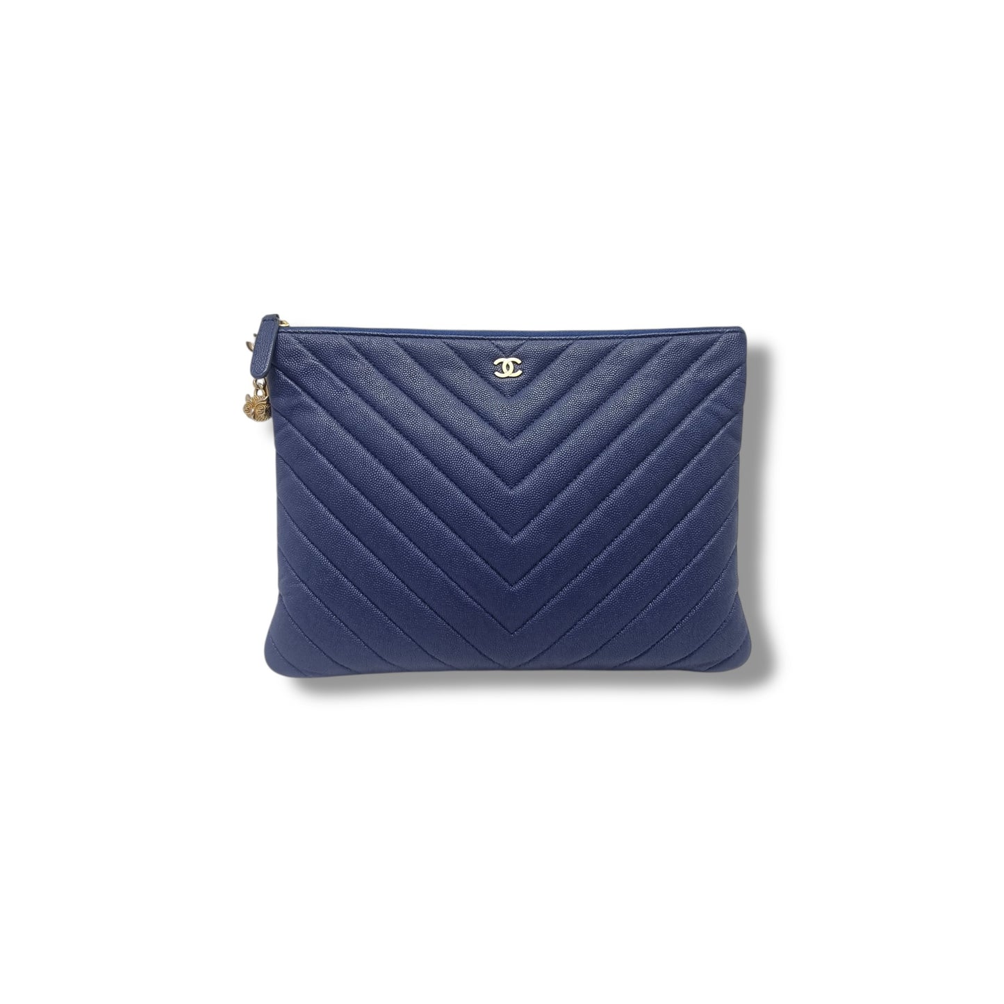 Chanel O Case With Ancient Greek Charm Chevron Quilted Caviar Ghw (Blue)