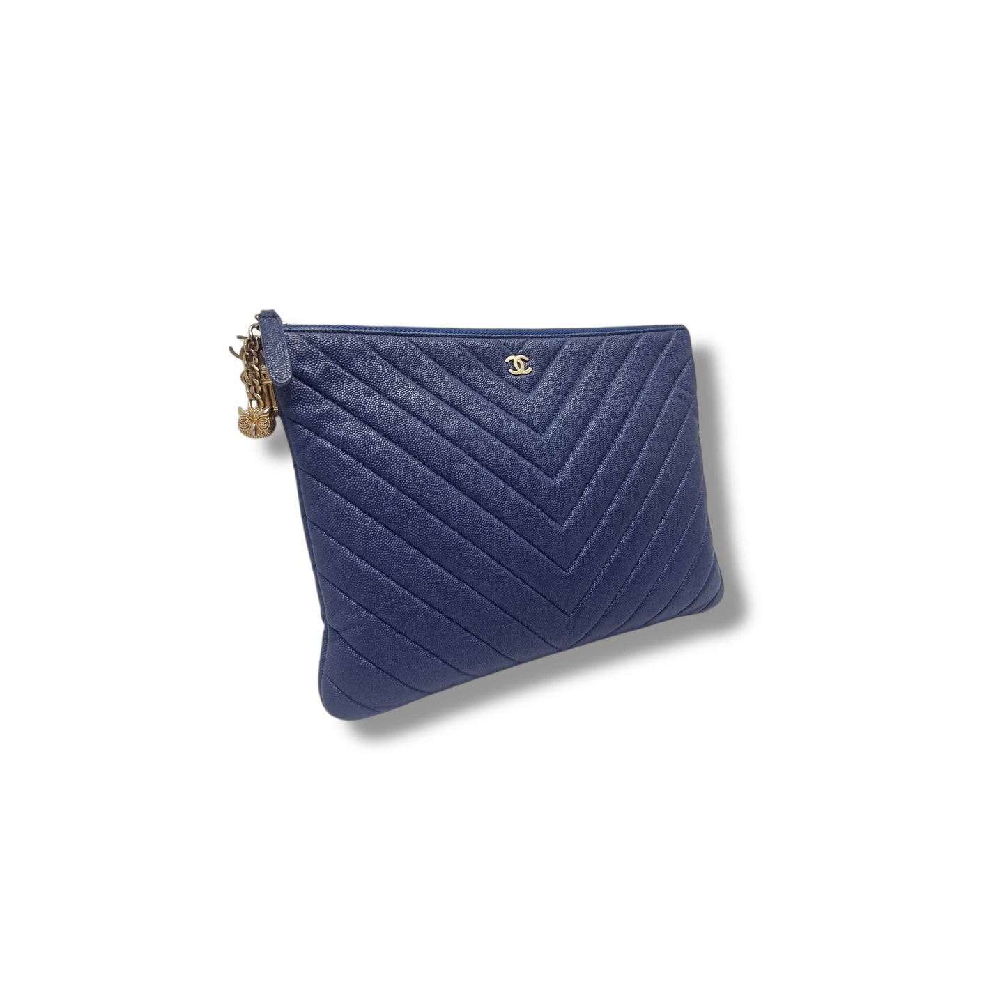 Chanel O Case With Ancient Greek Charm Chevron Quilted Caviar Ghw (Blue)