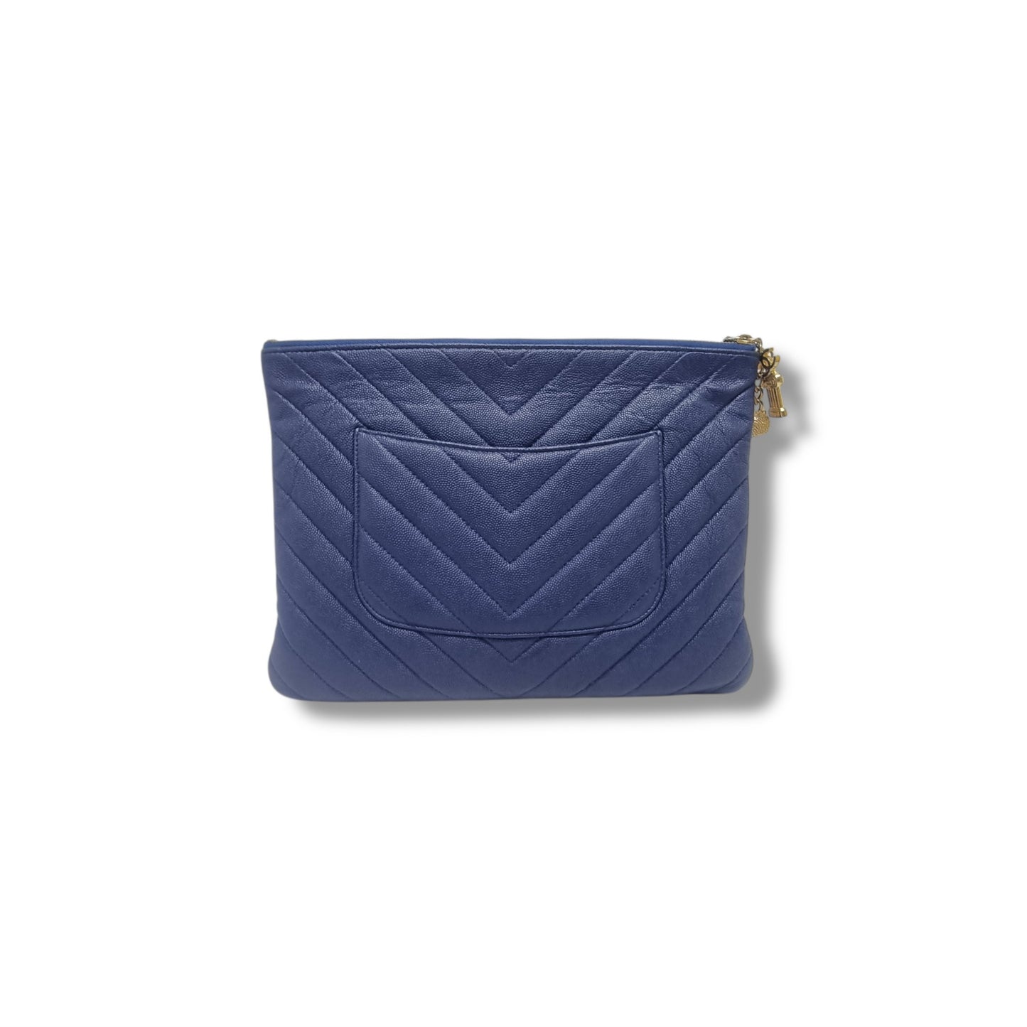 Chanel O Case With Ancient Greek Charm Chevron Quilted Caviar Ghw (Blue)