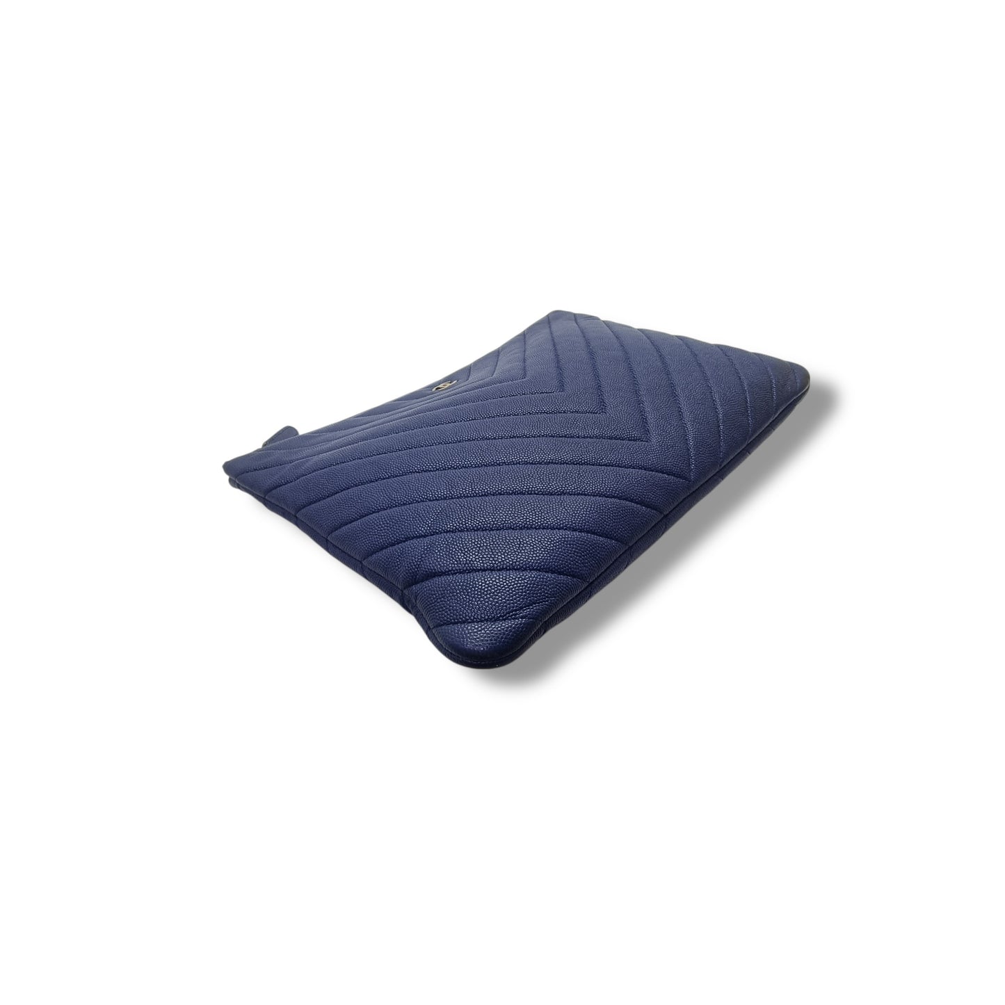 Chanel O Case With Ancient Greek Charm Chevron Quilted Caviar Ghw (Blue)