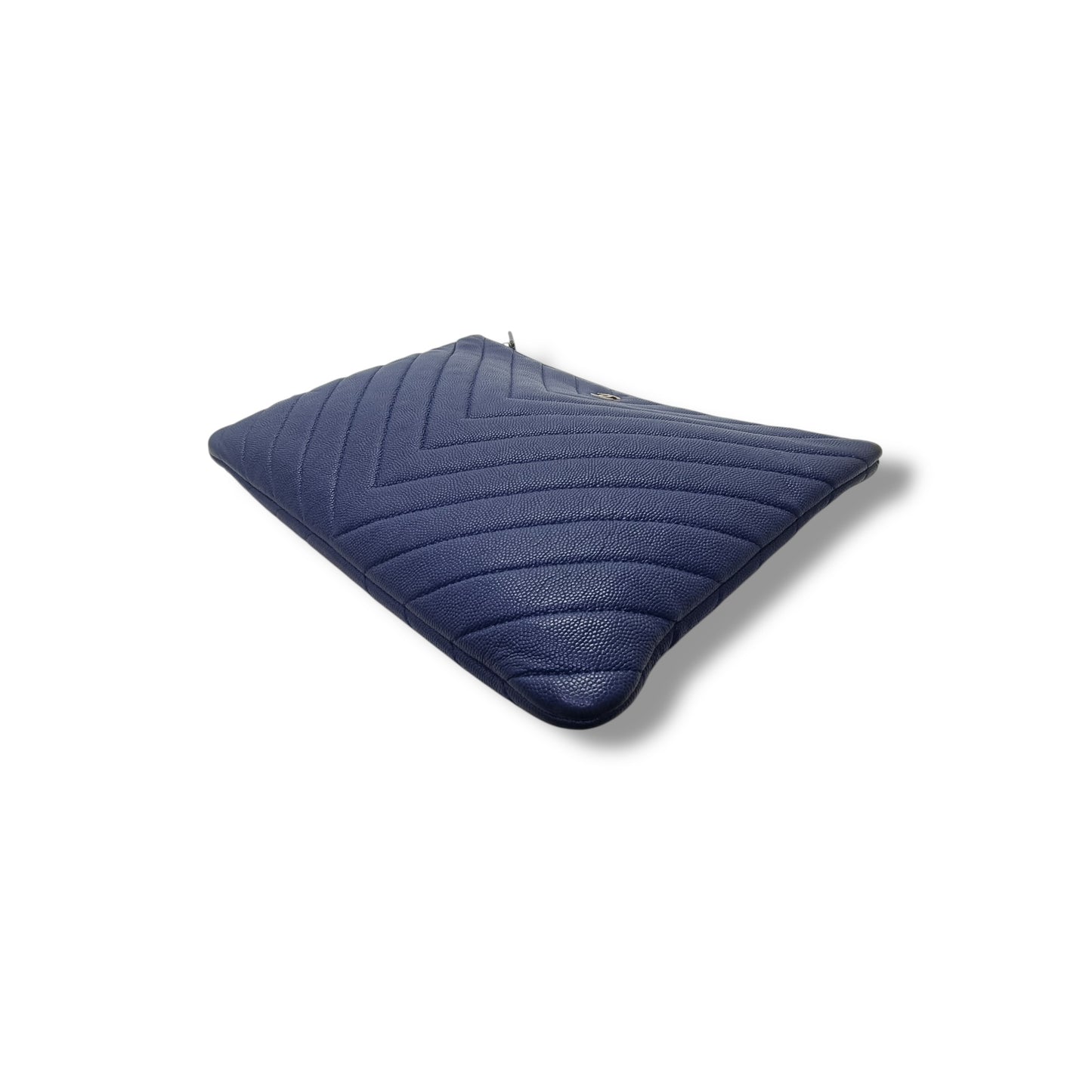 Chanel O Case With Ancient Greek Charm Chevron Quilted Caviar Ghw (Blue)