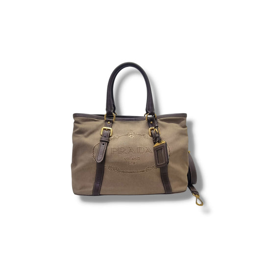 Prada BN1841 Logo Jacquard Tote Bag Ghw (Tan/Brown)