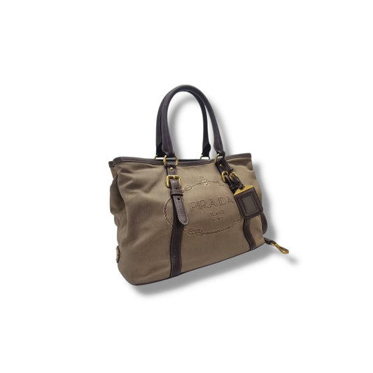 Prada BN1841 Logo Jacquard Tote Bag Ghw (Tan/Brown)