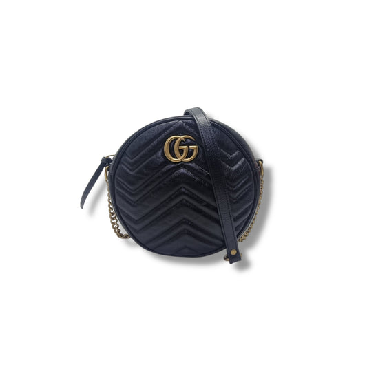 Gucci GG Marmont Mini Round Matelasse Leather Crossbody Ghw (Black)