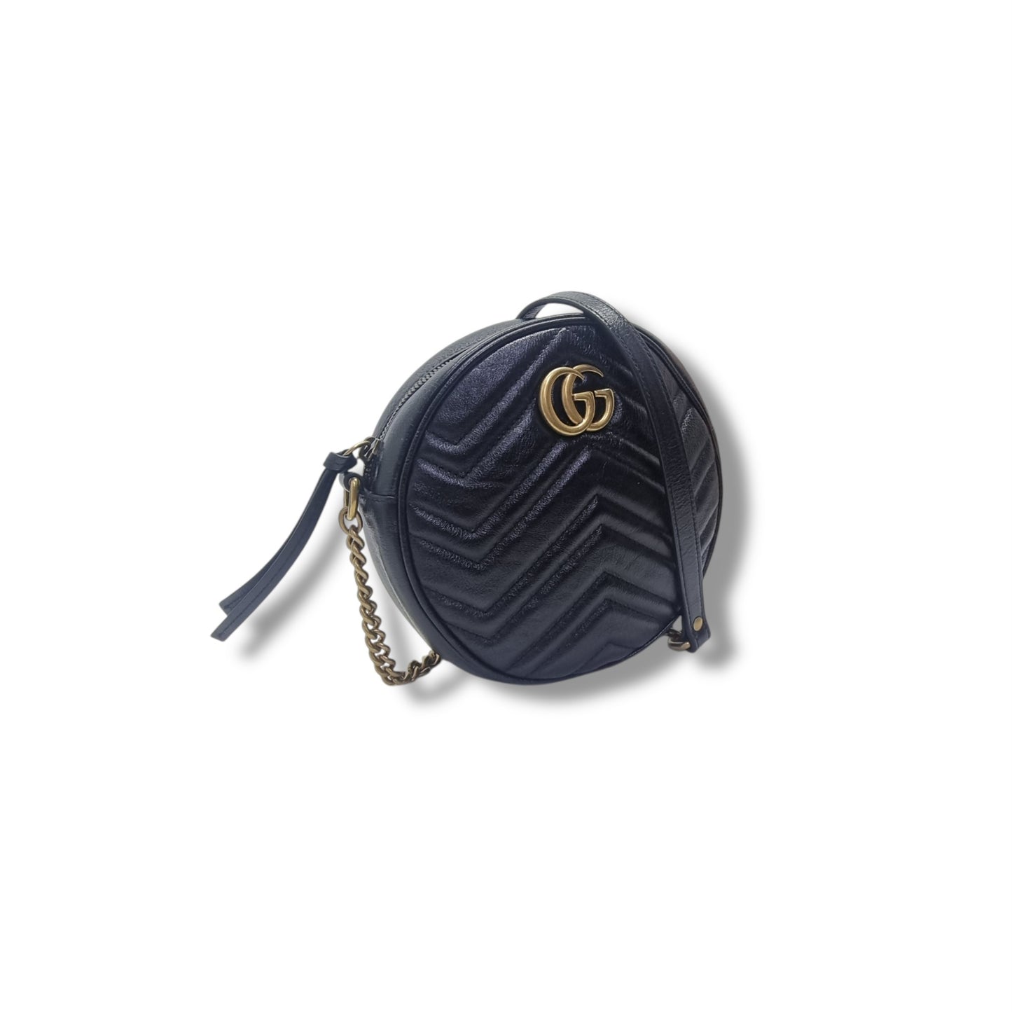 Gucci GG Marmont Mini Round Matelasse Leather Crossbody Ghw (Black)