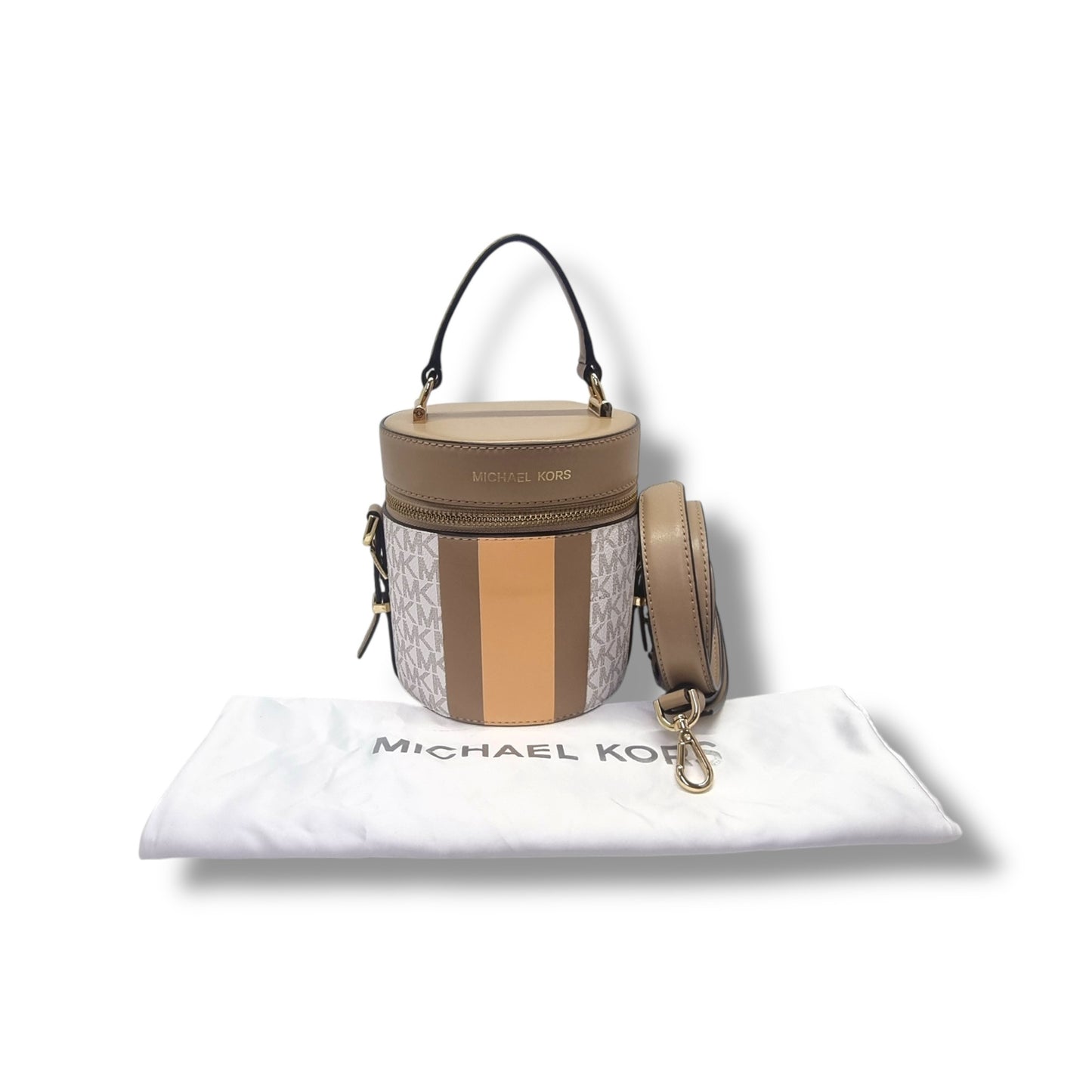 Michael Kors Bedford Travel Logo Stripe Crossbody Ghw (White/Camel/Cantaloupe)