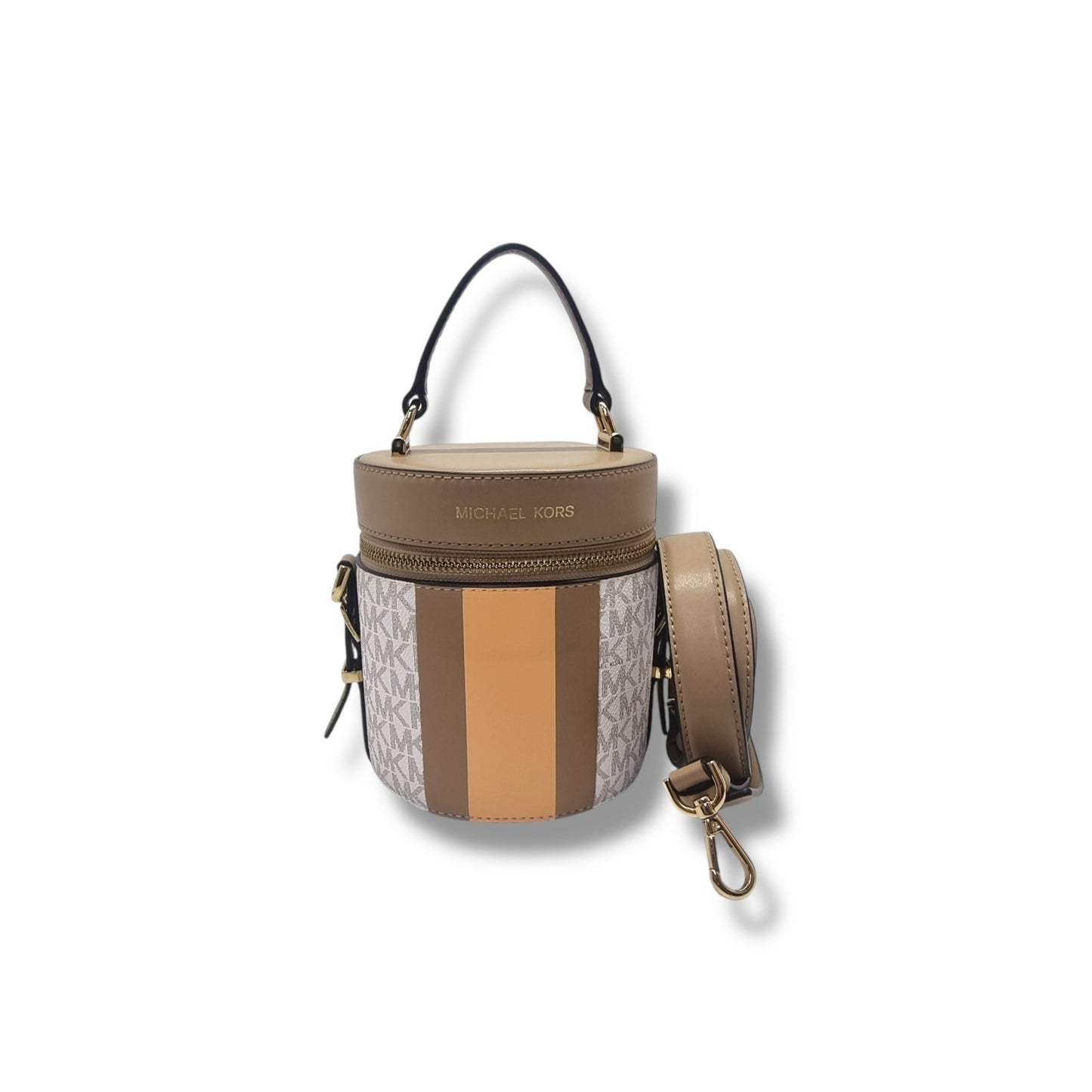 Michael Kors Bedford Travel Logo Stripe Crossbody Ghw (White/Camel/Cantaloupe)