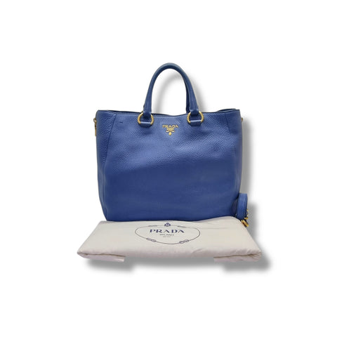 Prada BN2522 Vitello Daino Side Zip Leather Tote Ghw (Blue)