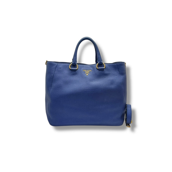 Prada BN2522 Vitello Daino Side Zip Leather Tote Ghw (Blue)