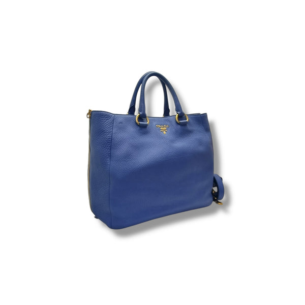 Prada BN2522 Vitello Daino Side Zip Leather Tote Ghw (Blue)