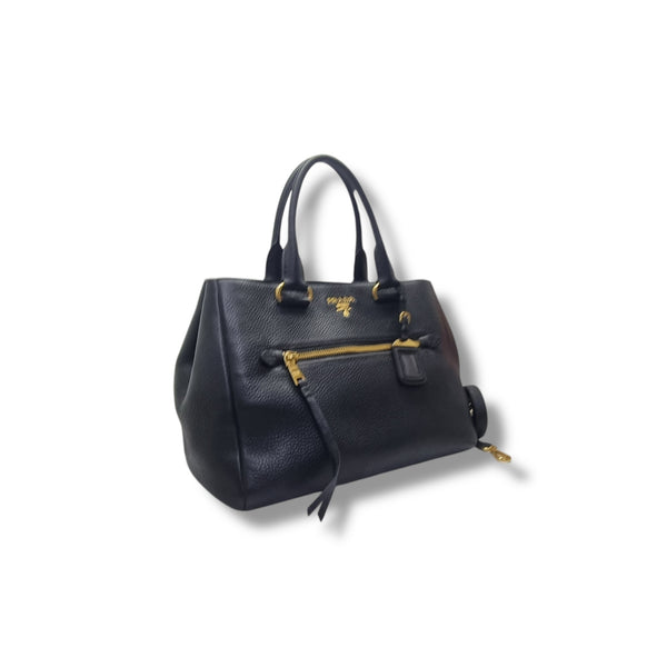 Prada BN2793 Vitello Daino Leather Tote Bag Ghw (Black)