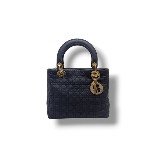 Christian Dior Vintage Lady Dior Cannage Quilted Nylon Medium Ghw (Black)