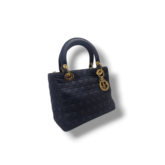 Christian Dior Vintage Lady Dior Cannage Quilted Nylon Medium Ghw (Black)