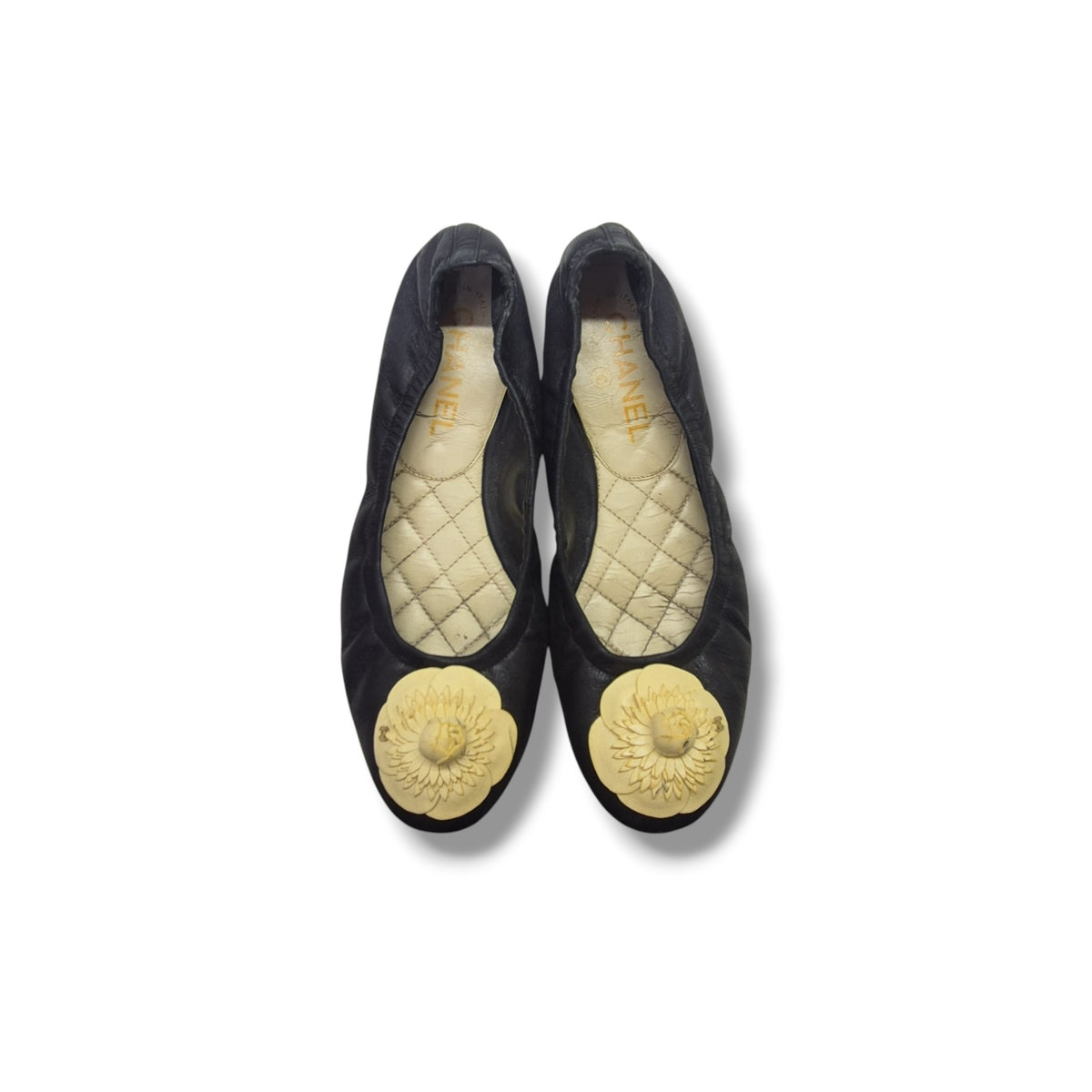 Chanel Camellia Flower Scrunch Ballet Flat Calf Leather (Black)