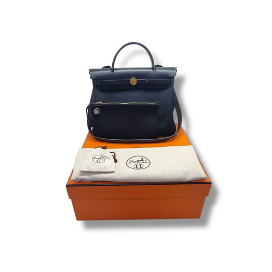 Hermes Herbag Zip PM 31 Canvas Hunter Cowhide Leather Ghw (Black)