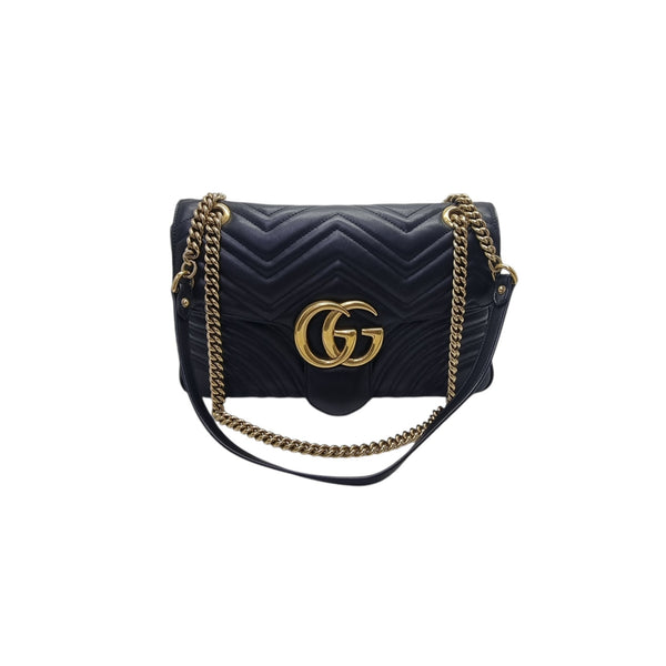 Gucci GG Marmont Medium Matelasse Chevron Leather Sling Bag Ghw (Black)