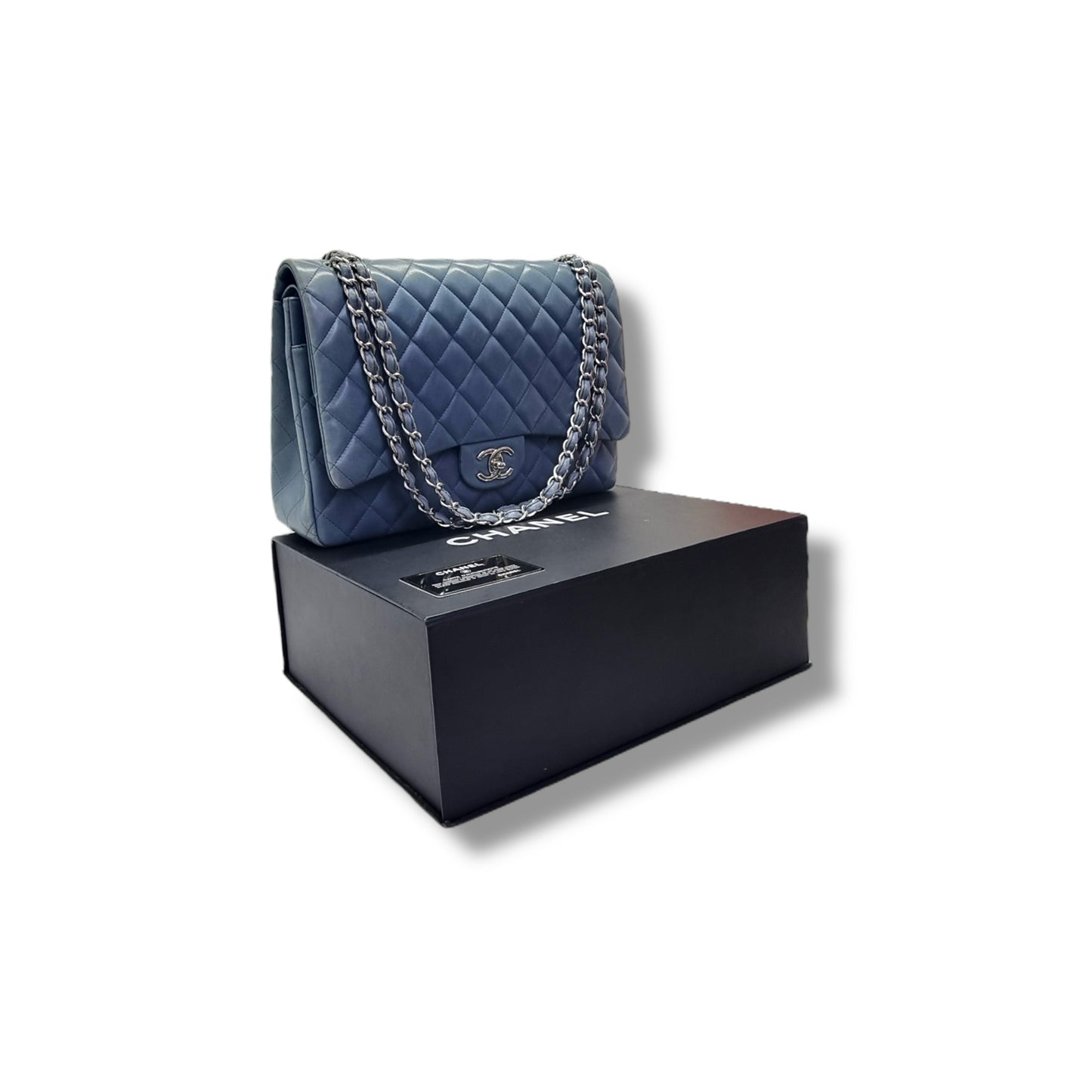 Chanel Maxi Double Flap Lambskin Shw (Light Blue)