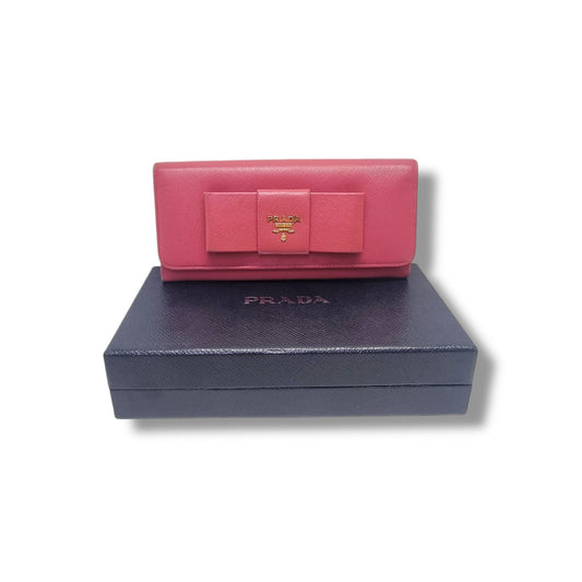 Prada 1M1132 Saffiano Continental Bow Wallet Ghw (Pink)