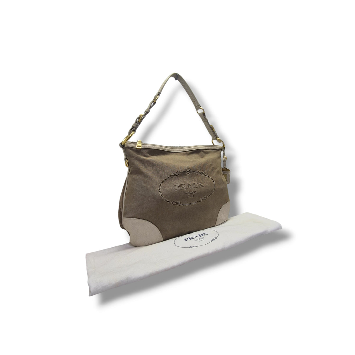 Prada Logo Jacquard Canvas Hobo Bag Ghw (Beige)