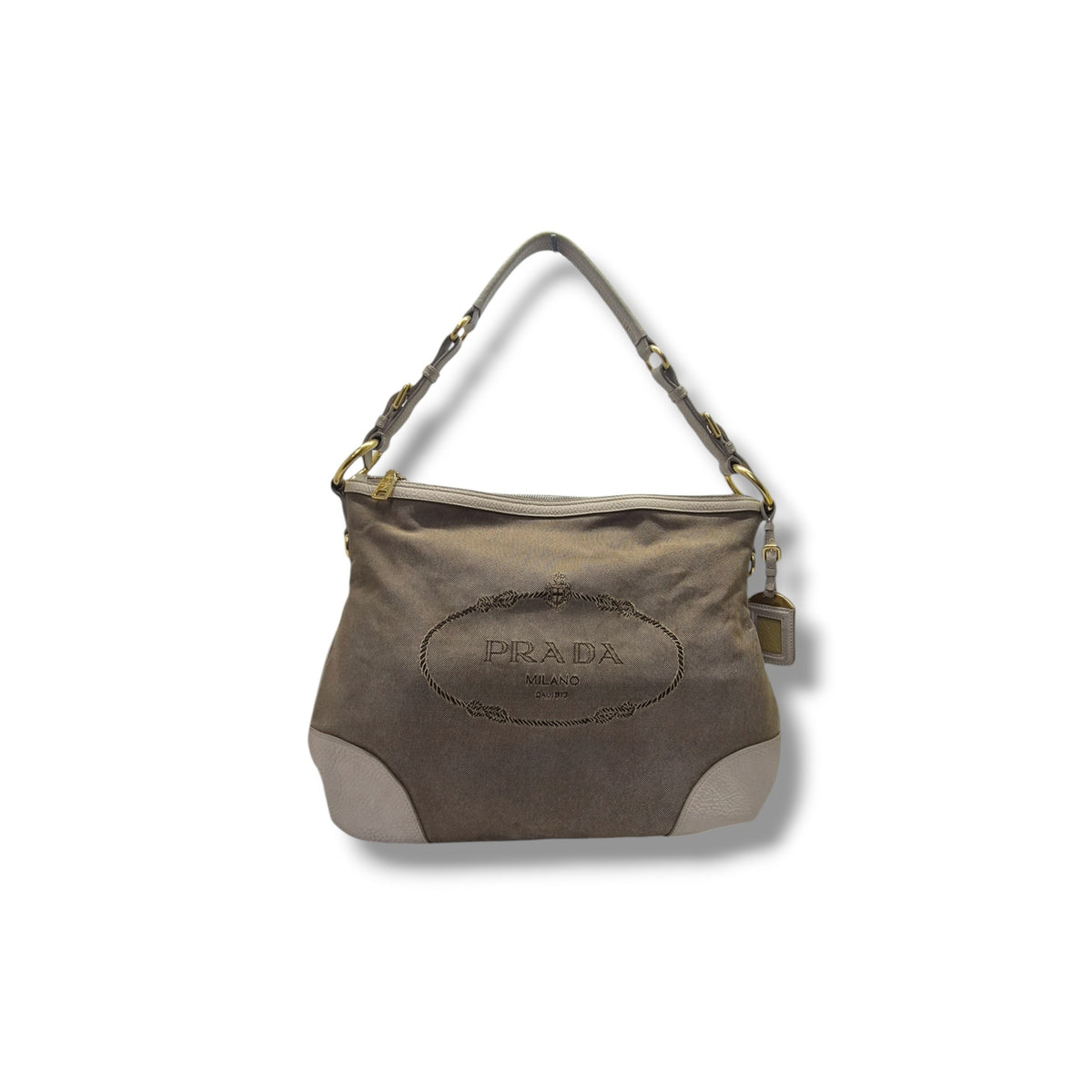 Prada Logo Jacquard Canvas Hobo Bag Ghw (Beige)
