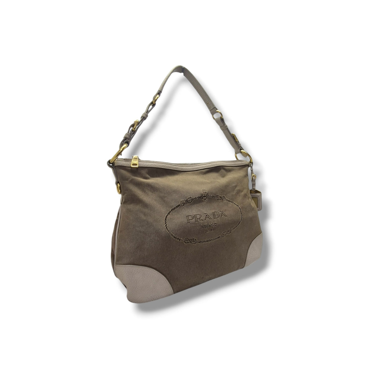 Prada Logo Jacquard Canvas Hobo Bag Ghw (Beige)