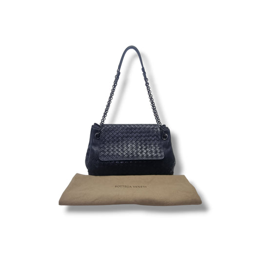 Bottega Veneta Accordion Intrecciato Leather Flap Shoulder Bag Bhw (Black)