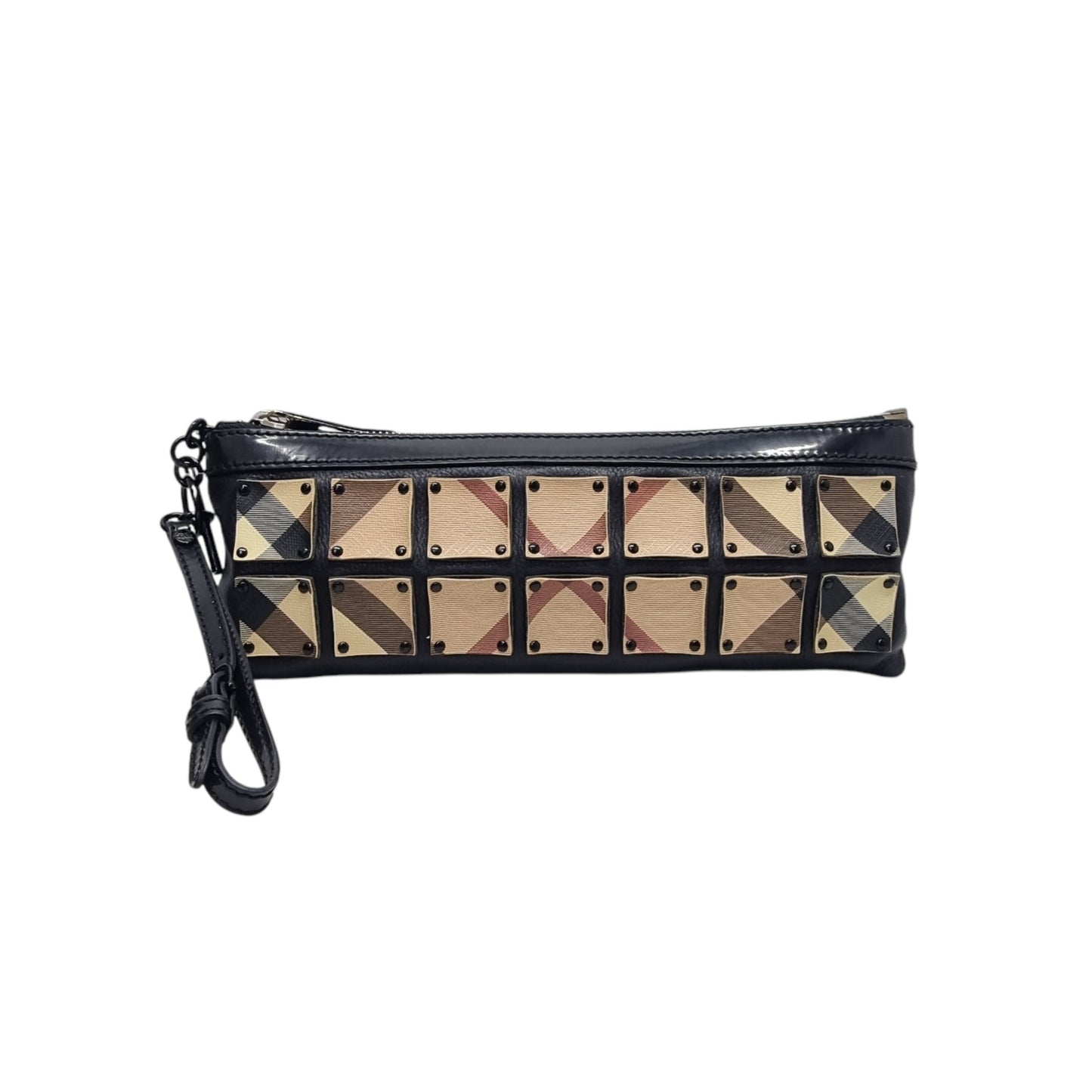 Burberry Nova Check Leather Studded Wristlet Clutch (Black)