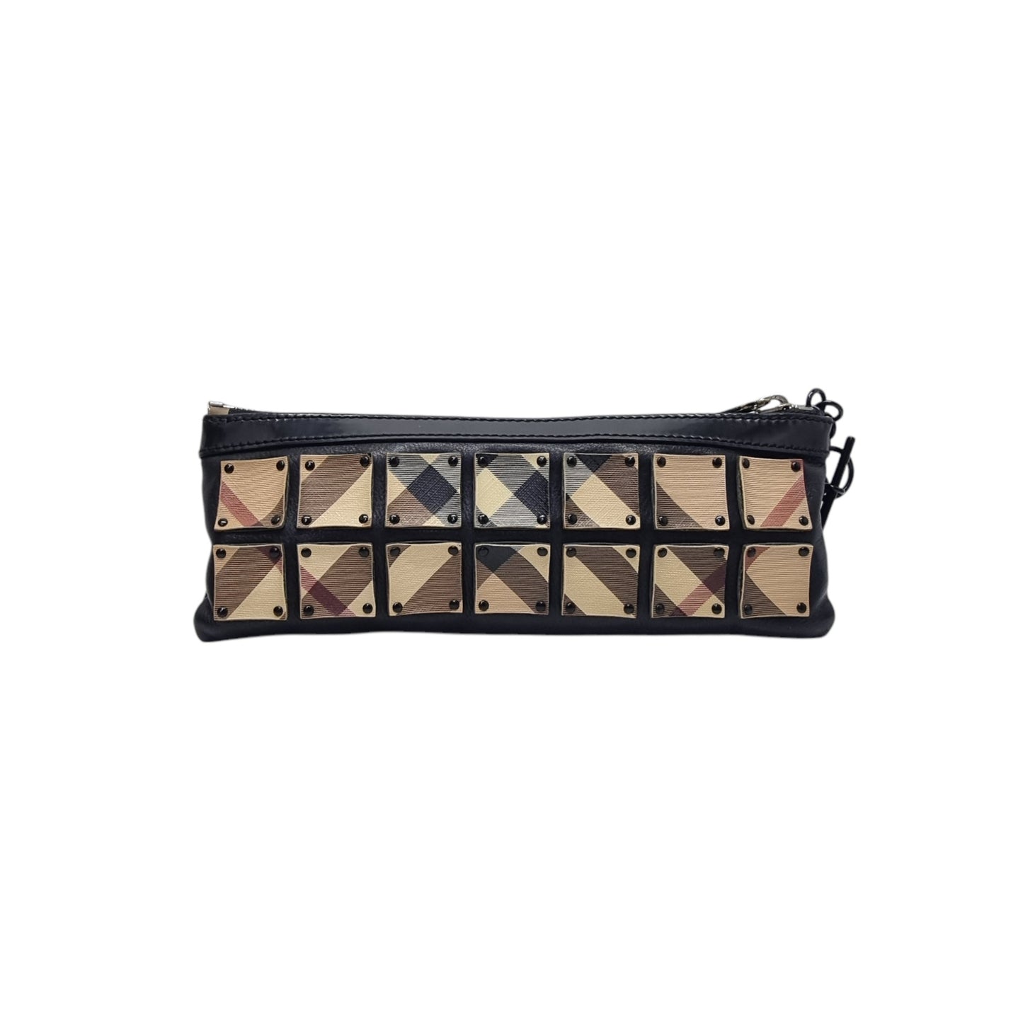 Burberry Nova Check Leather Studded Wristlet Clutch (Black)