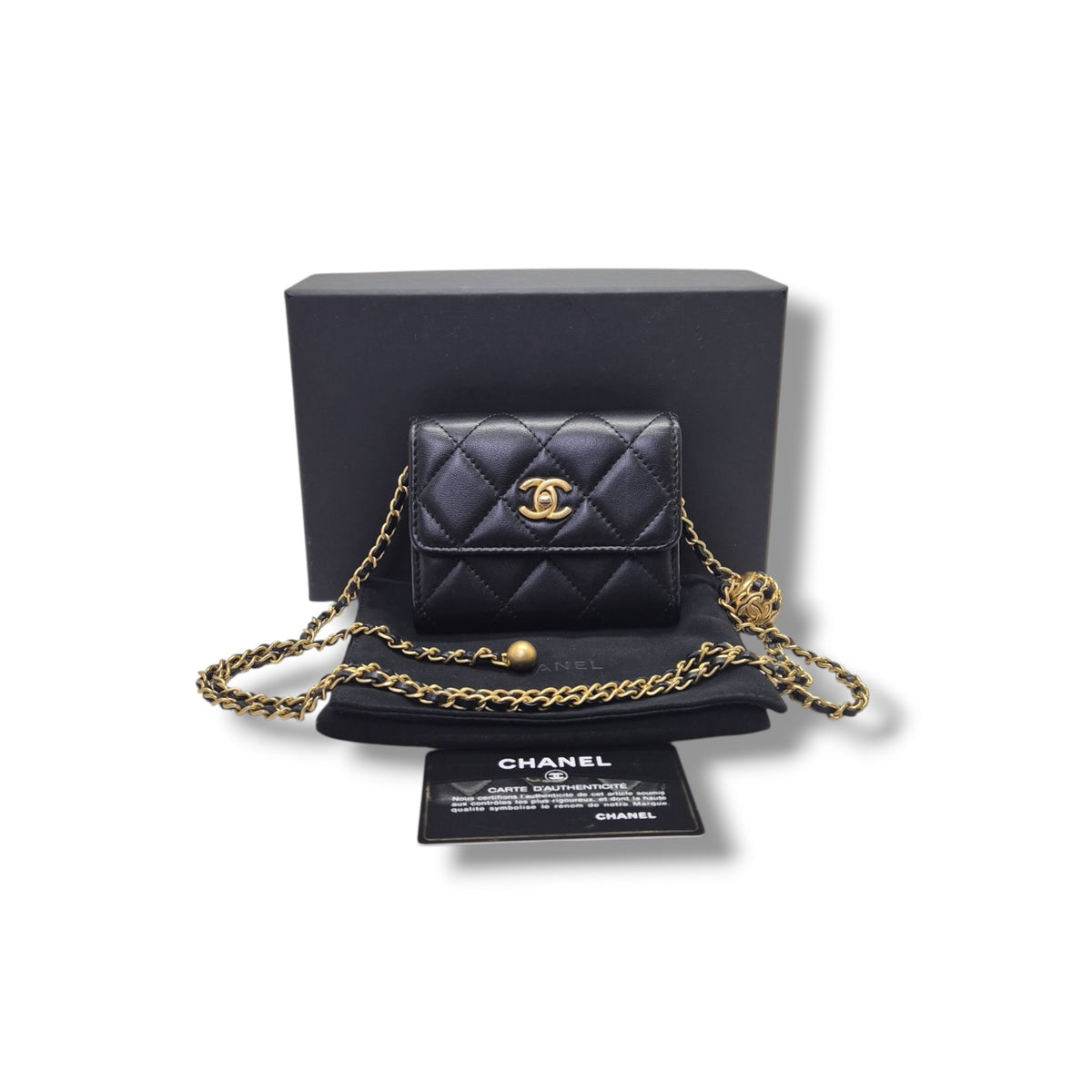 Chanel Pearl Crush Flap Wallet/Card Holder On Chain Lambskin Ghw (Black)