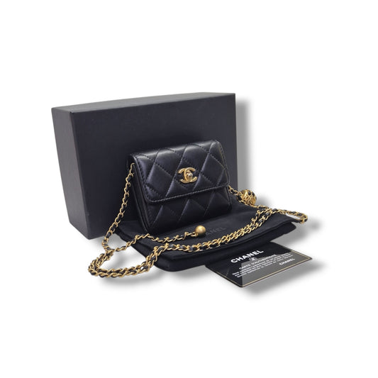 Chanel Pearl Crush Flap Wallet/Card Holder On Chain Lambskin Ghw (Black)