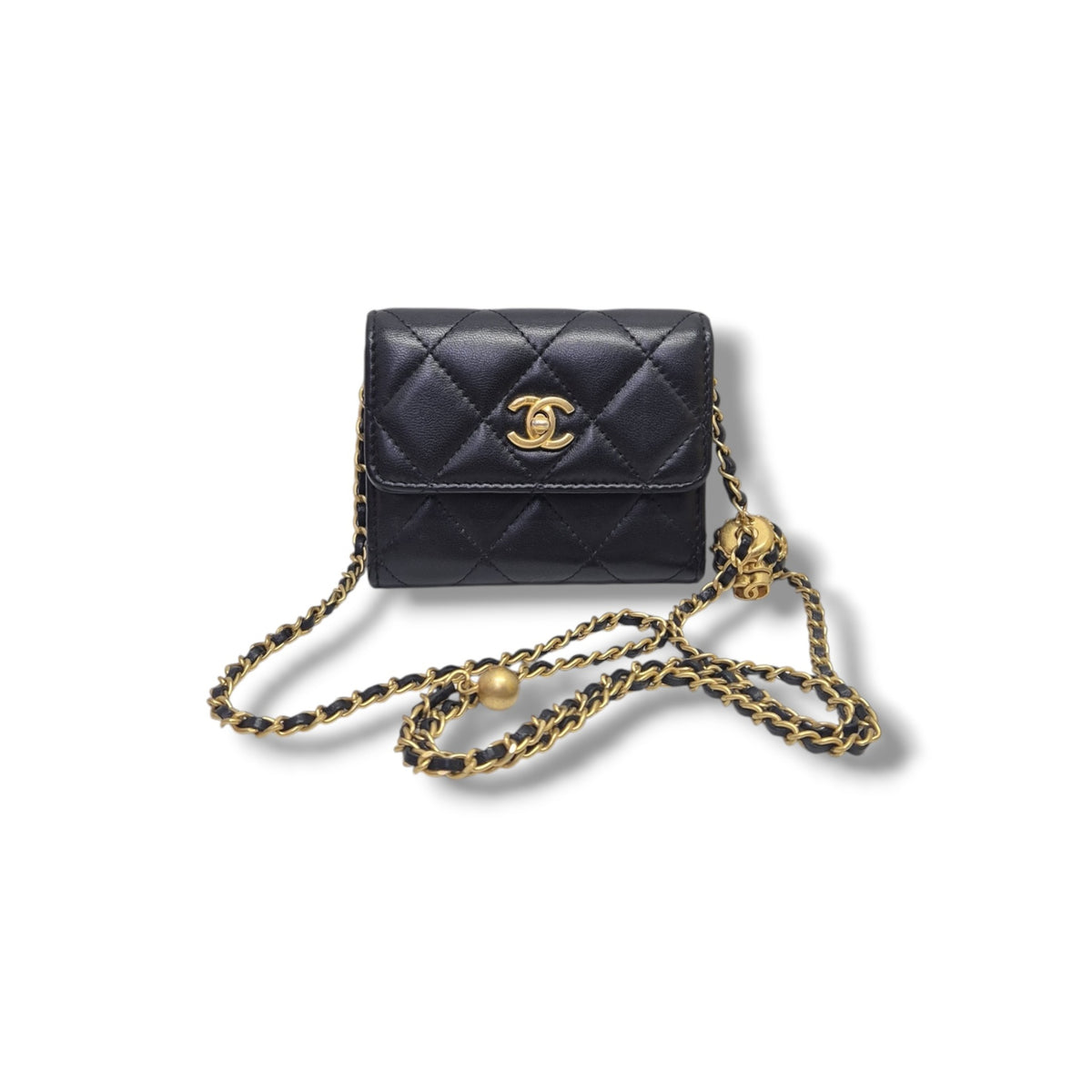 Chanel Pearl Crush Flap Wallet/Card Holder On Chain Lambskin Ghw (Black)