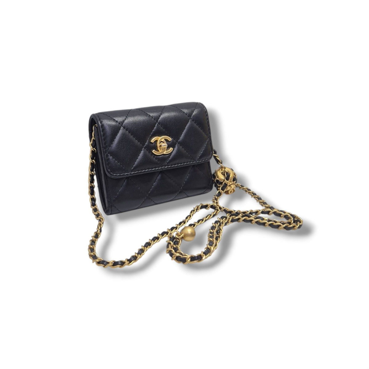 Chanel Pearl Crush Flap Wallet/Card Holder On Chain Lambskin Ghw (Black)