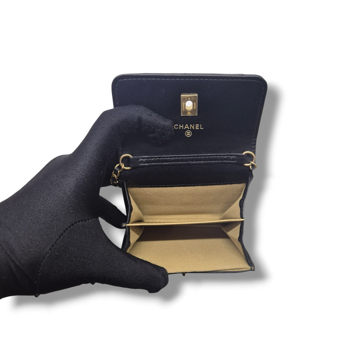 Chanel Pearl Crush Flap Wallet/Card Holder On Chain Lambskin Ghw (Black)