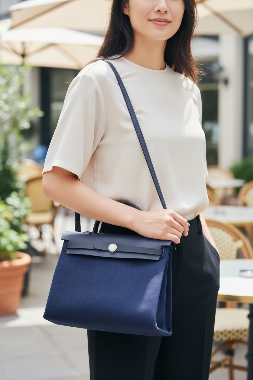 Hermes Herbag Zip PM 31 Canvas Hunter Cowhide Leather Phw (Bleu Marine/Ardoise)
