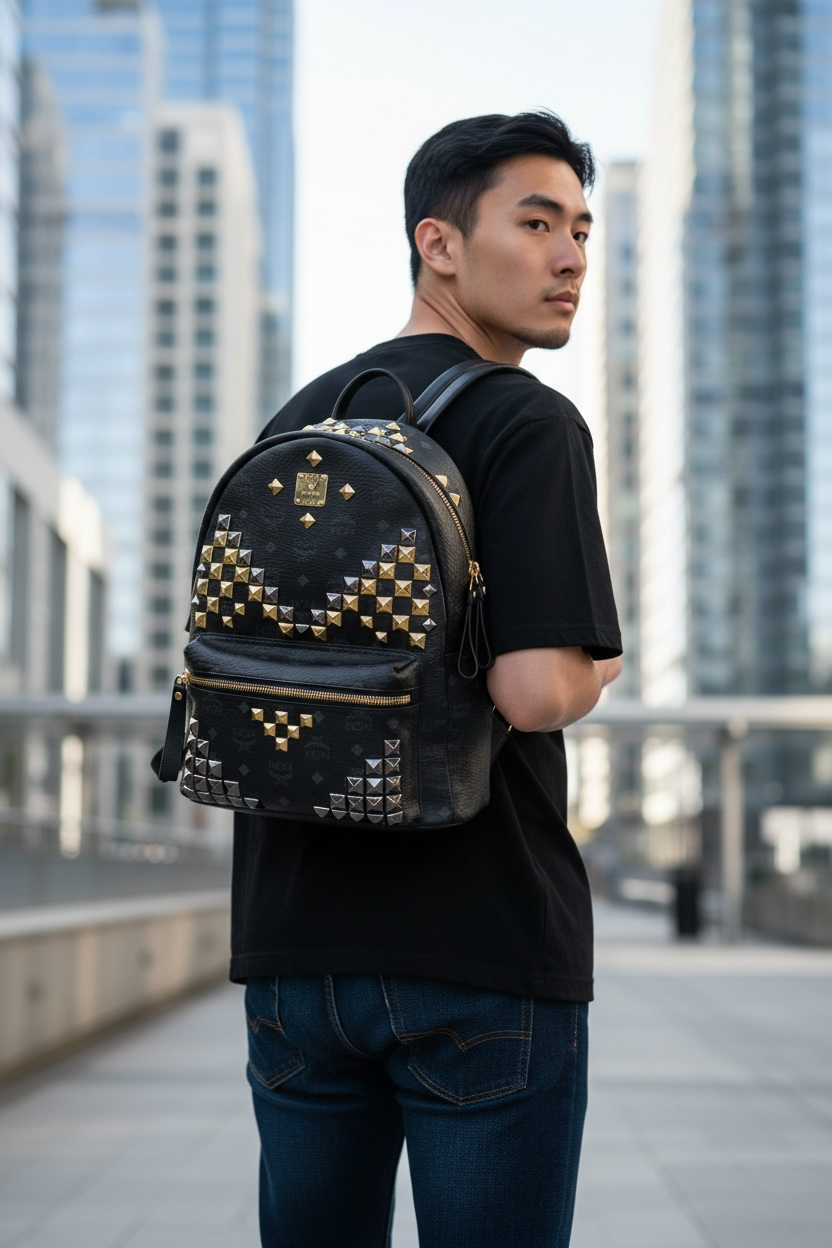 MCM Visetos Stack Studded Leather Backpack Ghw/Shw (Black)