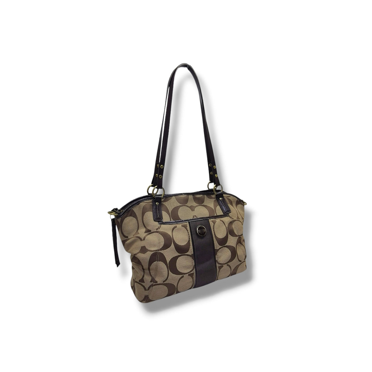 Coach Signature Stripe Canvas Shoulder Bag Ghw (Brown)