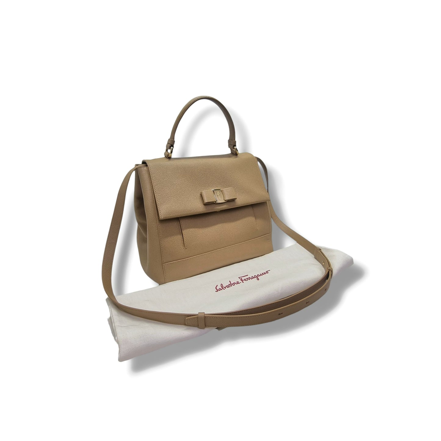 Salvatore Ferragamo Vara Bow Pebbled Leather Tote Bag Ghw (Beige)
