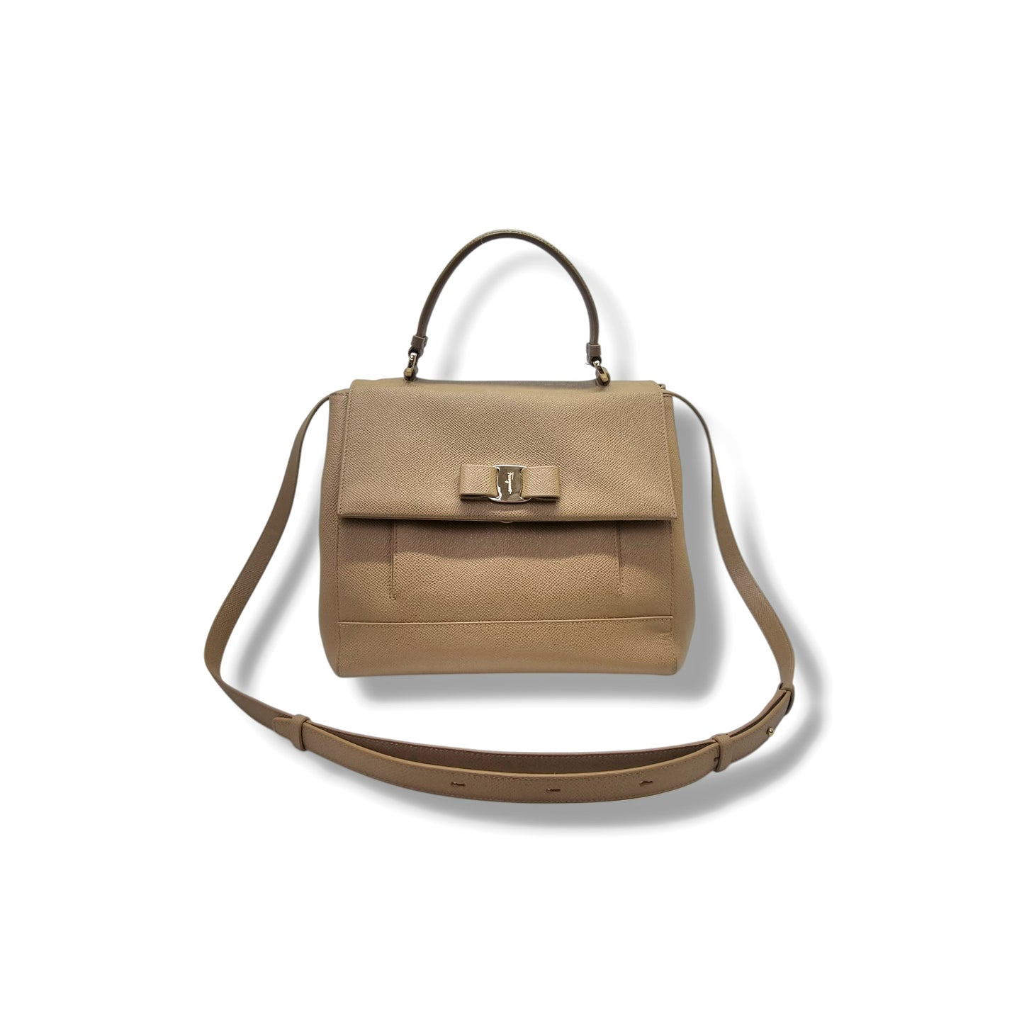 Salvatore Ferragamo Vara Bow Pebbled Leather Tote Bag Ghw (Beige)