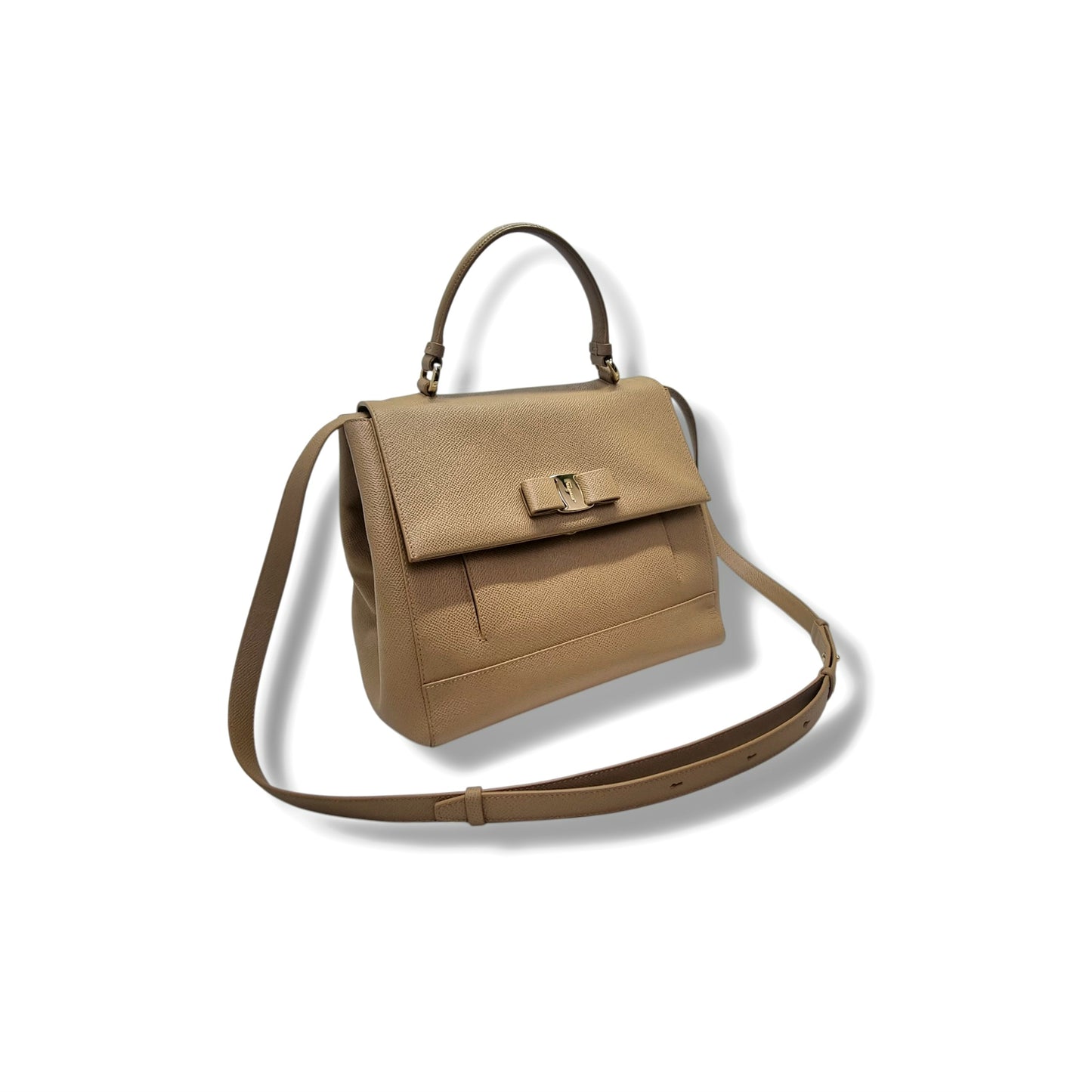 Salvatore Ferragamo Vara Bow Pebbled Leather Tote Bag Ghw (Beige)