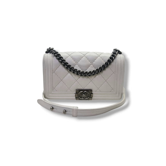 Chanel Boy Medium Calfskin Quilted Wild Stitch Rhw (White)