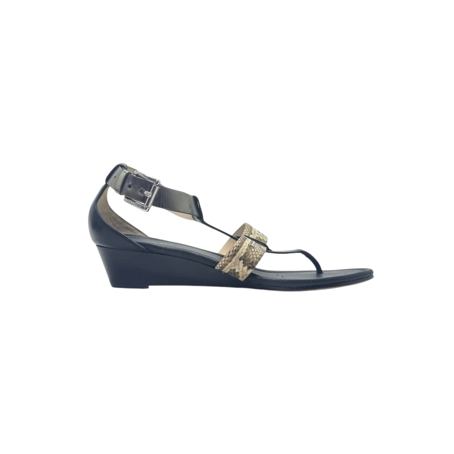 Coach Velvet Ankle Strap Wedge Heel Sandals Snake Print (Black)
