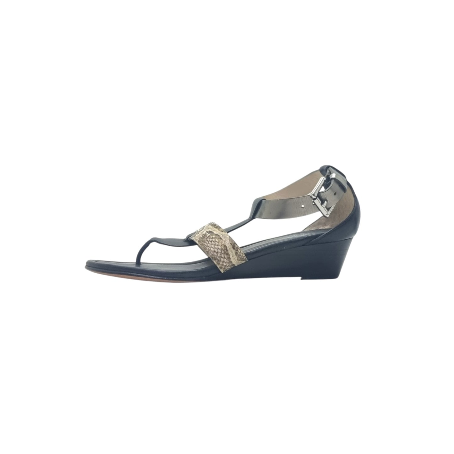 Coach Velvet Ankle Strap Wedge Heel Sandals Snake Print (Black)