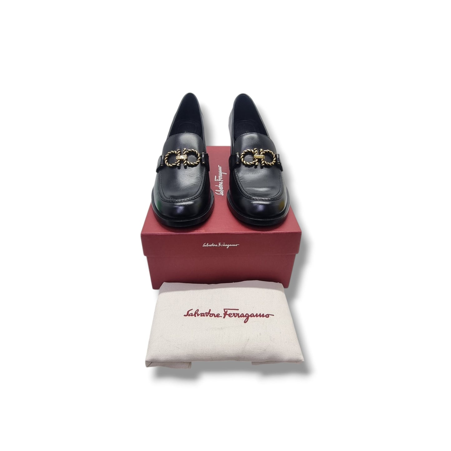 Salvatore Ferragamo Rolo Gancini Loafers Block Heels Ghw (Black)
