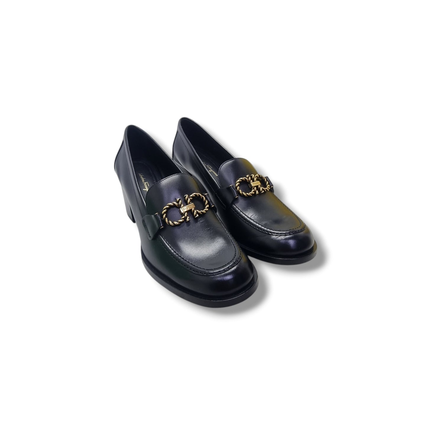 Salvatore Ferragamo Rolo Gancini Loafers Block Heels Ghw (Black)