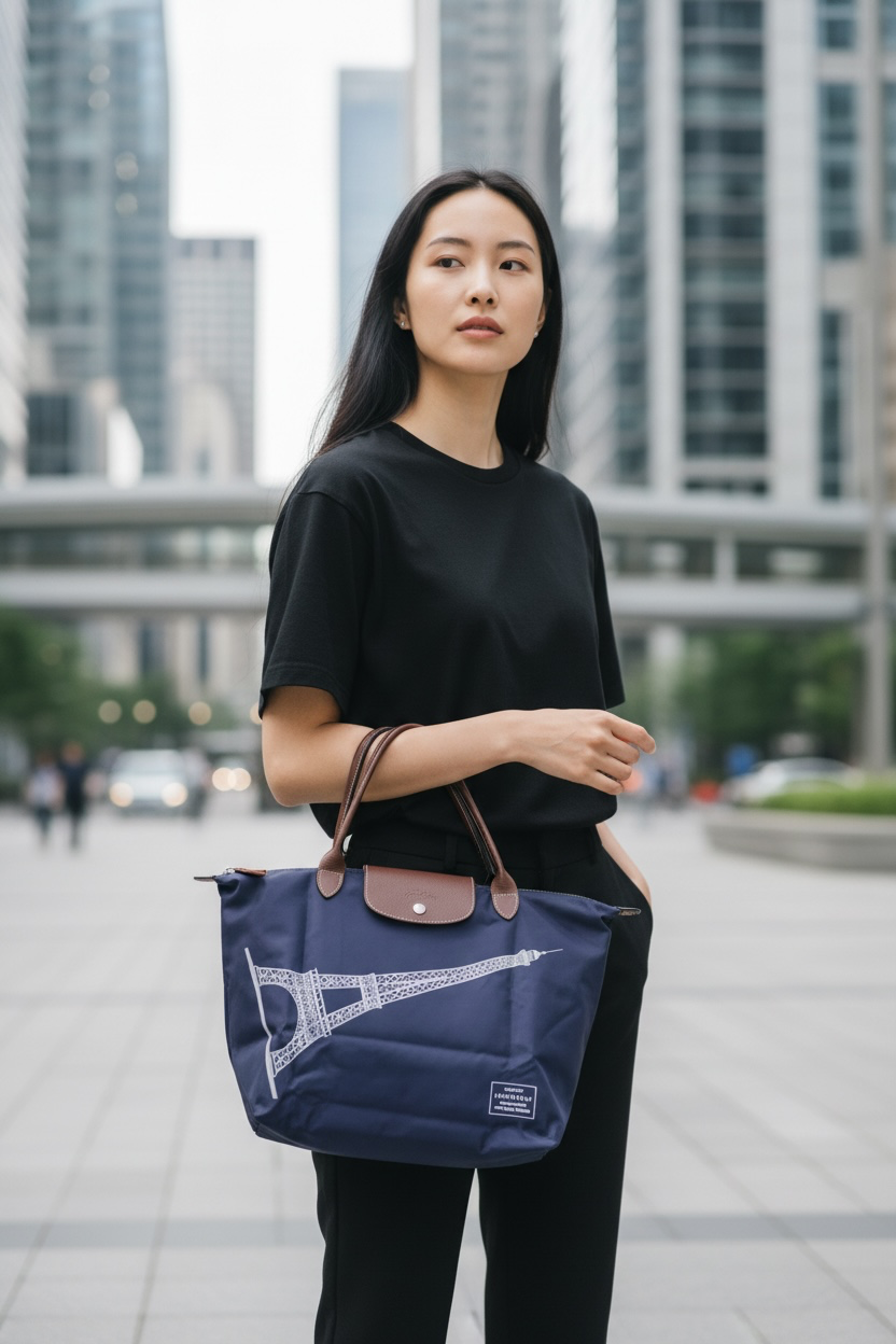 Longchamp Le Pliage LH Large Eiffel Tower Print Polyamide Canvas Shw (Navy Blue)