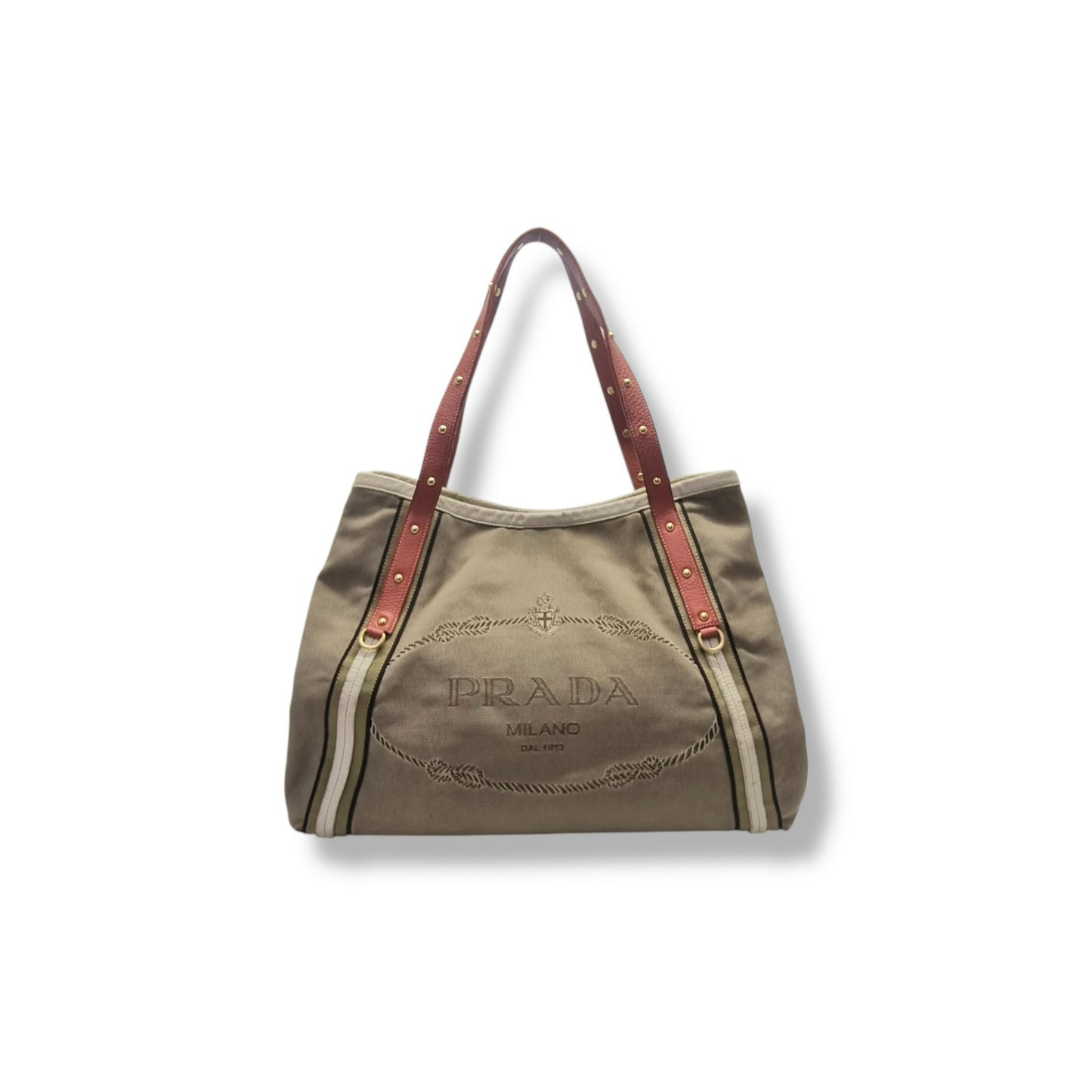 Prada Logo Jacquard Stud Shoulder Bag Ghw (Beige/Red)