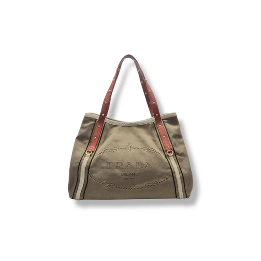 Prada Logo Jacquard Stud Shoulder Bag Ghw (Beige/Red)