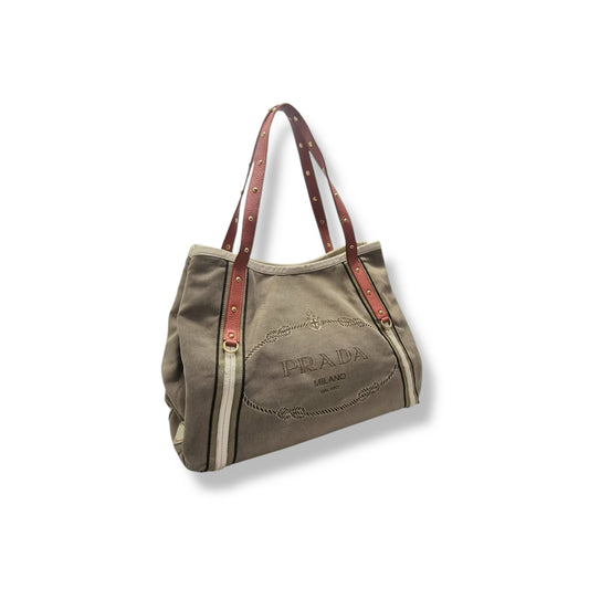 Prada Logo Jacquard Stud Shoulder Bag Ghw (Beige/Red)