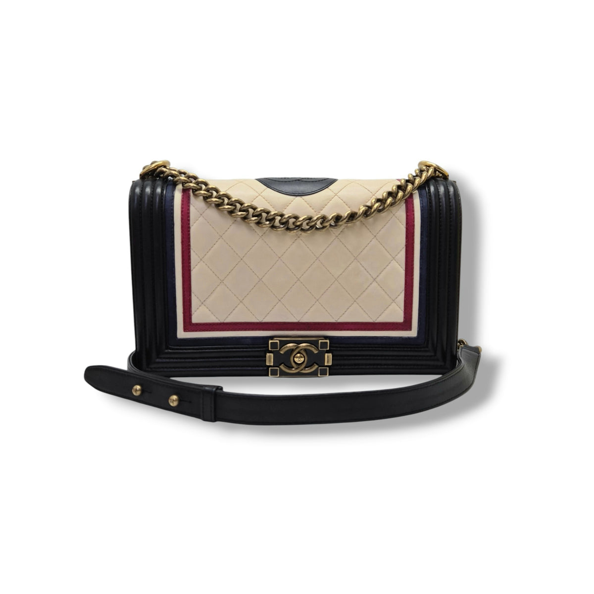 Chanel Boy New Medium Crest Flap Quilted Lambskin Ghw (Ivory/Black/Red/Blue)