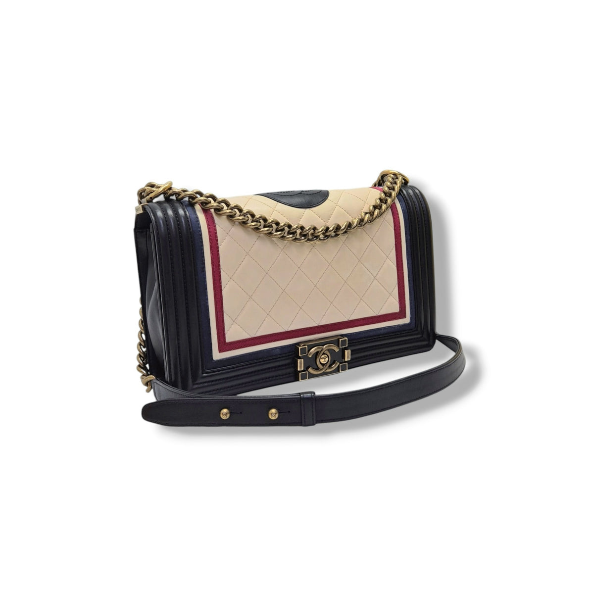 Chanel Boy New Medium Crest Flap Quilted Lambskin Ghw (Ivory/Black/Red/Blue)